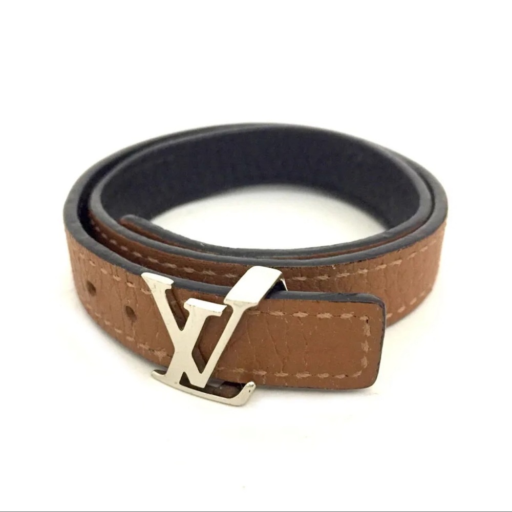 Louis Vuitton LV Logo Brown Leather Bracelet (Silver Hardware)